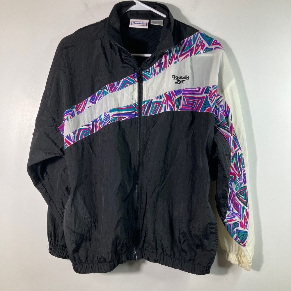Womens Vintage Reebok Nylon Windbreaker Geometric Design Black Multiocolored S